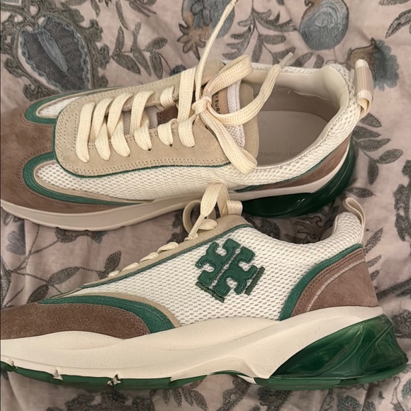 Tory Burch GOOD LUCK TRAINER Cream and Green Sneakers - Picture 4 of 5